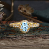 1 Carat Oval Cut Aquamarine Halo Ring with Pave Band